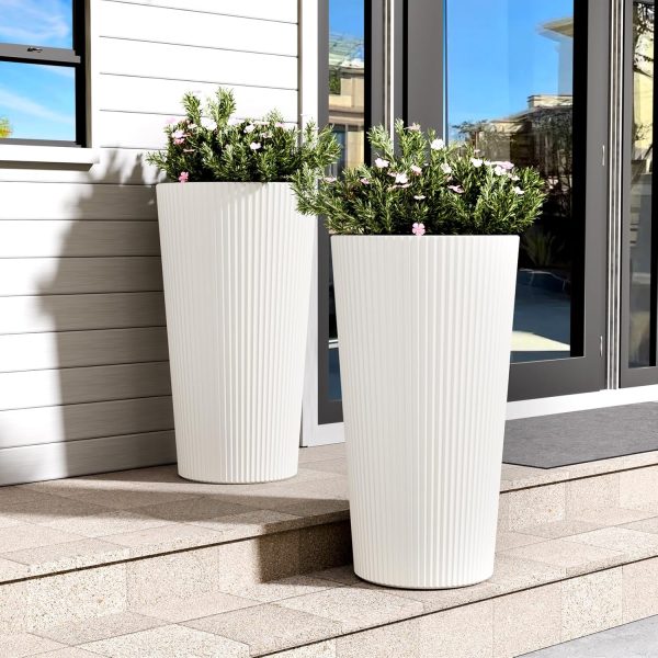 23.6" Tall Planter for Outdoor Plants Set of 2 Large Outdoor Plastic Striped Flower Pots, Front Porch Furniture, Garden Pots, Decorative Planters for Indoor/Outdoor, Patio, Balcony, White