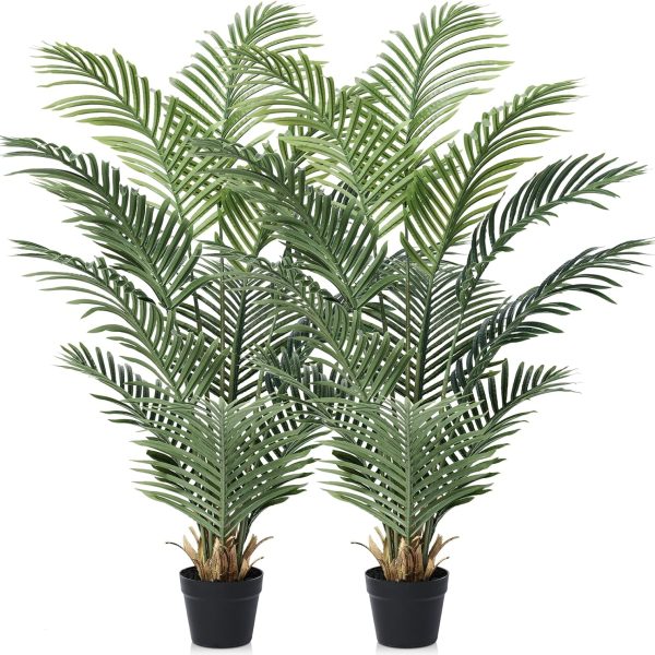 Artificial Palm Tree, 4FT Tall Fake Palm Trees with UV Resistant Leaves, Potted Faux Areca Palm Plant for Indoor Outdoor, Large Floor Plants for Home Living Room Porch Decor, 2Pcs -
