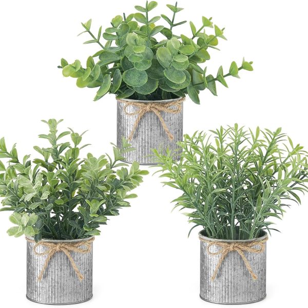 Mini Fake Plants in Farmhouse Galvanized Metal Pots 3 Pack Small Potted Artificial Plant Eucalyptus for Laundry Room Bathroom Shelf Table Decor
