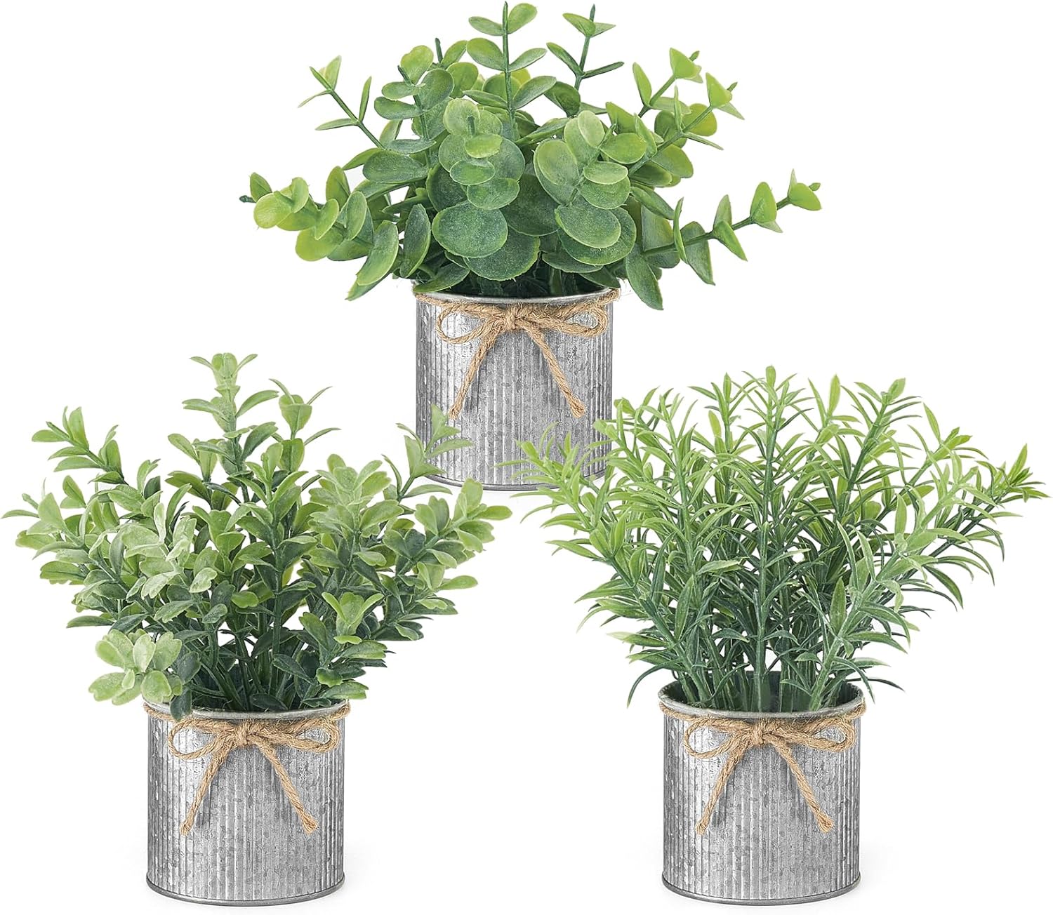 Mini Fake Plants in Farmhouse Galvanized Metal Pots 3 Pack Small Potted Artificial Plant Eucalyptus for Laundry Room Bathroom Shelf Table Decor