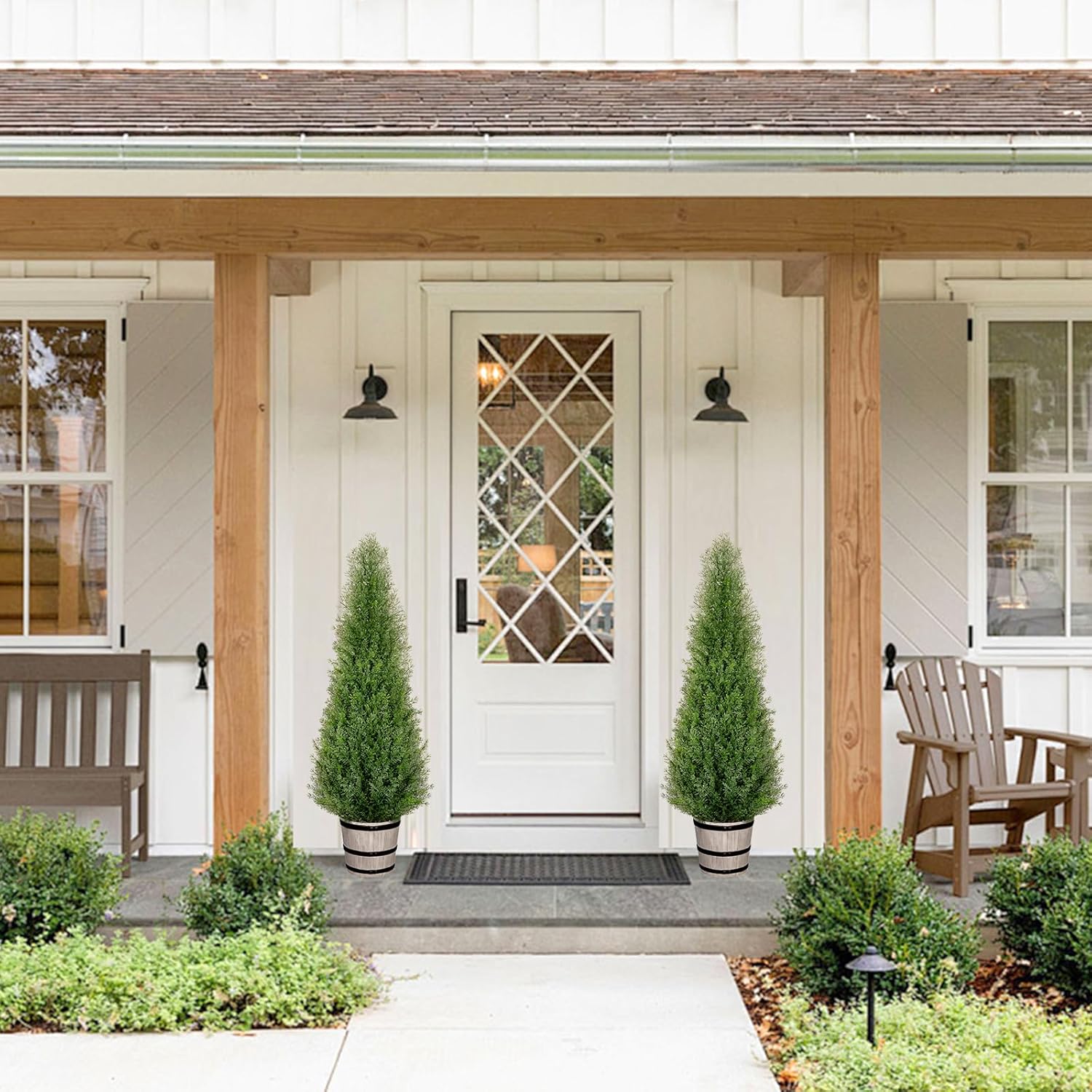 3FT Artificial Cedar Topiary Trees with Rustic Barrel Planter, Outdoor Indoor Realistic Faux Pine Shrubs Plants, Fake Cypress Trees for Home Offices Porch Decor, Set of 2 - Image 2