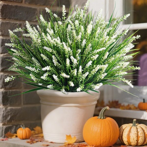 Artificial Fake Outdoor Plants Flowers for Summer Decoration,10 Bundles Faux Plastic Tall Monkey Grass Greenery UV Resistant Realistic for Home Outside Planter Window Porch Patio Garden-White