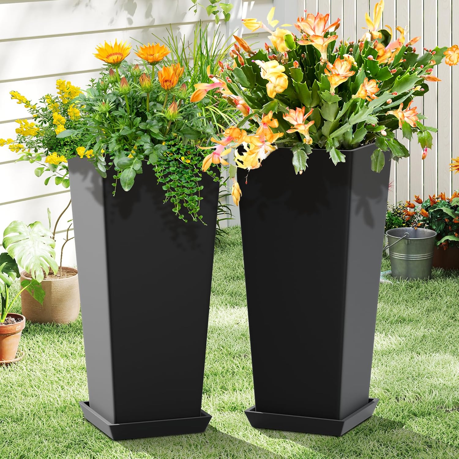 Set of 2 Tall Planters for Outdoor Plants, 24 Inch Large Tapered Pots with Drainage Trays, Weather-Resistant Plastic Plant Containers for Patio, Porch, Garden, Front Door Decor,Black